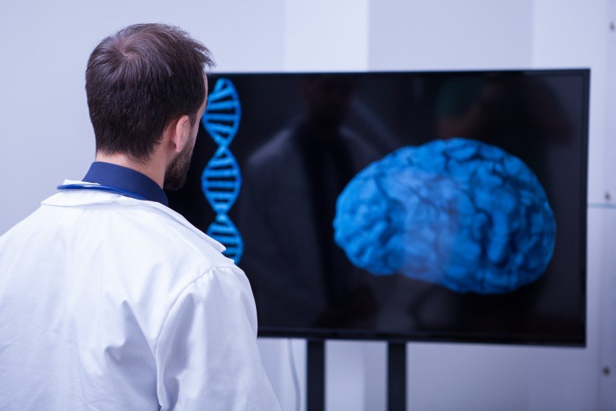 Healthcare professional viewing a digital brain scan on a monitor